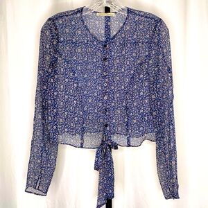 The East Order Tie Waist Top Sz S Y2K Floral Semi Sheer Cropped Long Sleeve